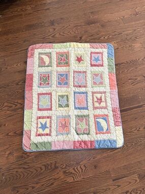 Eddie Bauer Patchwork Moon & Stars Baby Quilt 32x39 Cotton Plaid Back